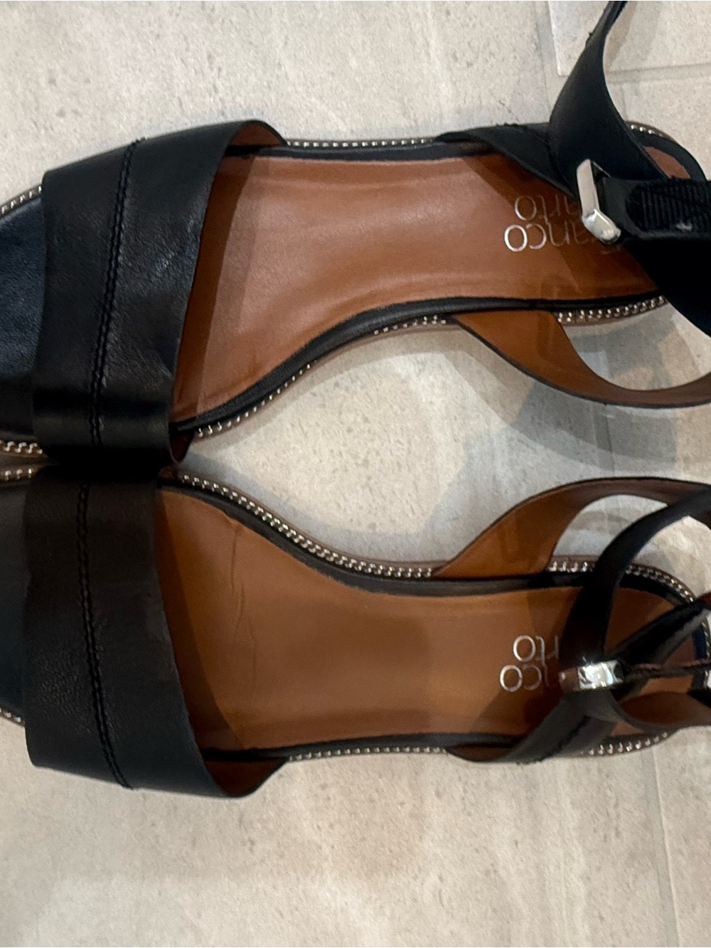 Franco Sarto Black Leather Strappy Sandals with Brown Insole